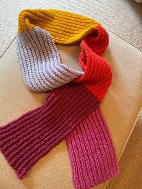 Hand-Knit Colorblock Ribbed Scarf - Yellow, Red, Pink, Burgundy, Gray